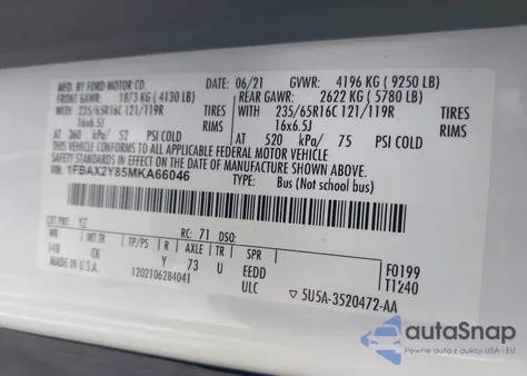 2021 Ford Transit Xlt z USA, uszkodzony, nr VIN 01FBAX2Y85MKA6604